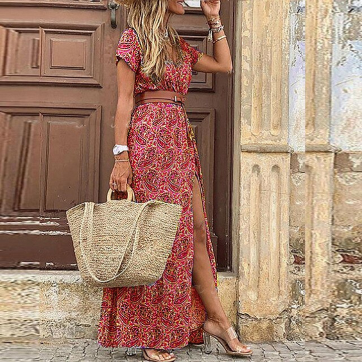 Kara | Women's Boho Short Sleeve Maxi Dress with V Neck