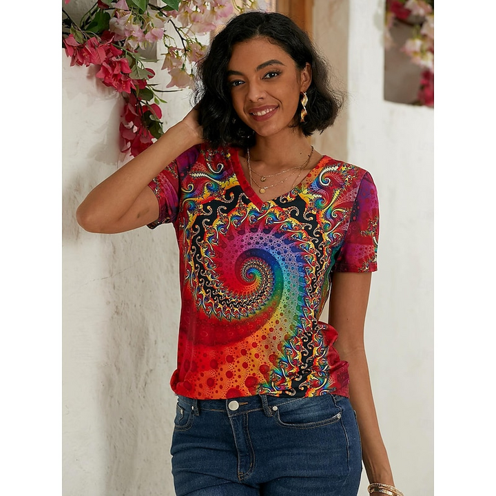 Jade | Women's V Neck Short Sleeve Summer Top with Colorful Spiral Print