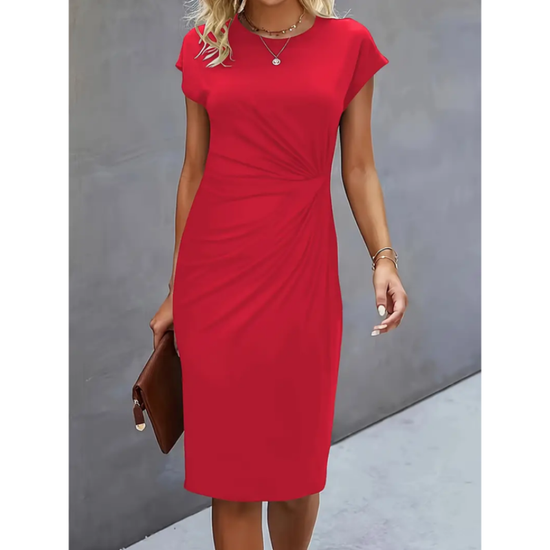 Kendall | Women's Short Sleeve Midi Dress with Pleated Front