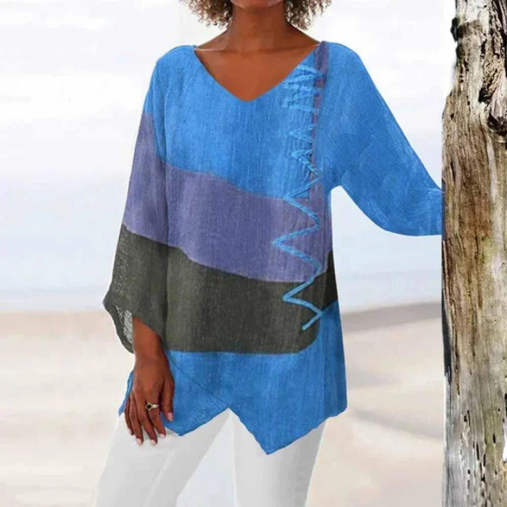 Danica | Women's Three Tone Long Sleeve Blouse with Asymmetric Hem