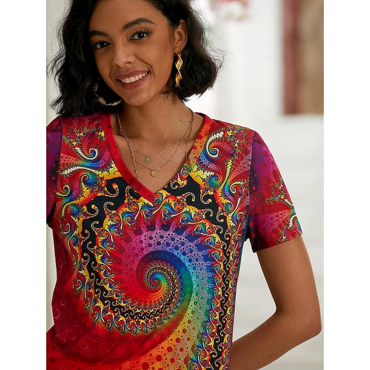 Jade | Women's V Neck Short Sleeve Summer Top with Colorful Spiral Print