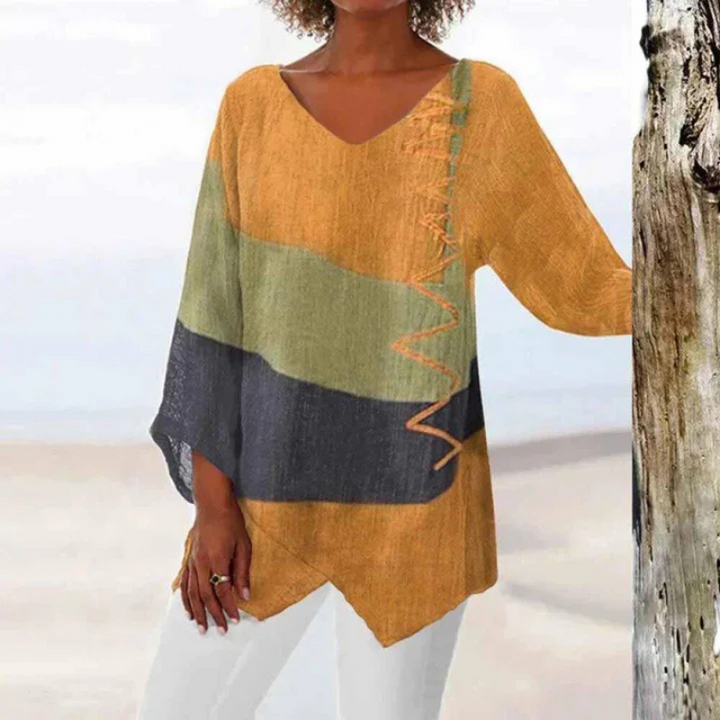 Danica | Women's Three Tone Long Sleeve Blouse with Asymmetric Hem