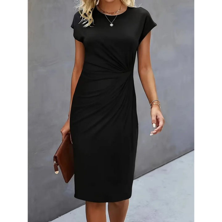 Kendall | Women's Short Sleeve Midi Dress with Pleated Front