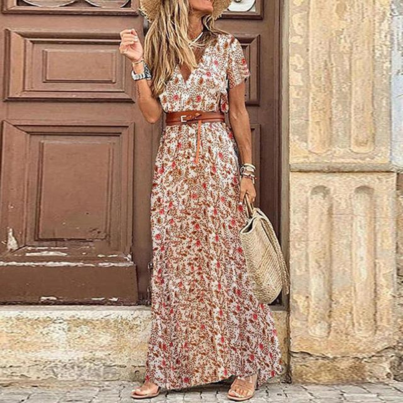 Kara | Women's Boho Short Sleeve Maxi Dress with V Neck
