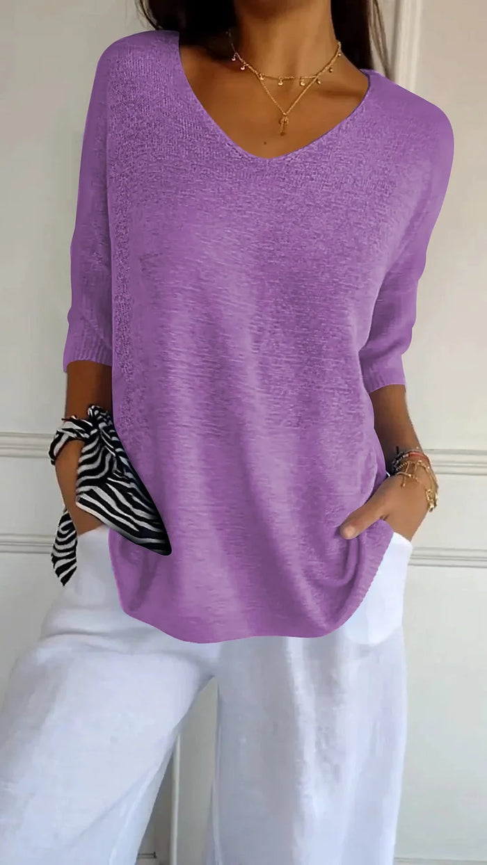 Kimberly | Women's Loose Fit 3/4 Sleeves V Neck Knit Top