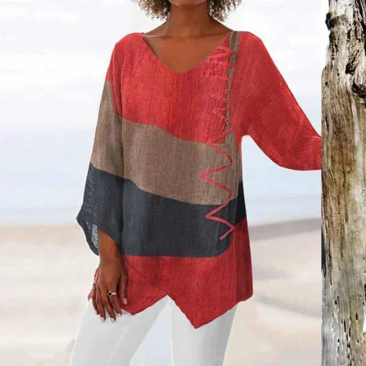 Danica | Women's Three Tone Long Sleeve Blouse with Asymmetric Hem