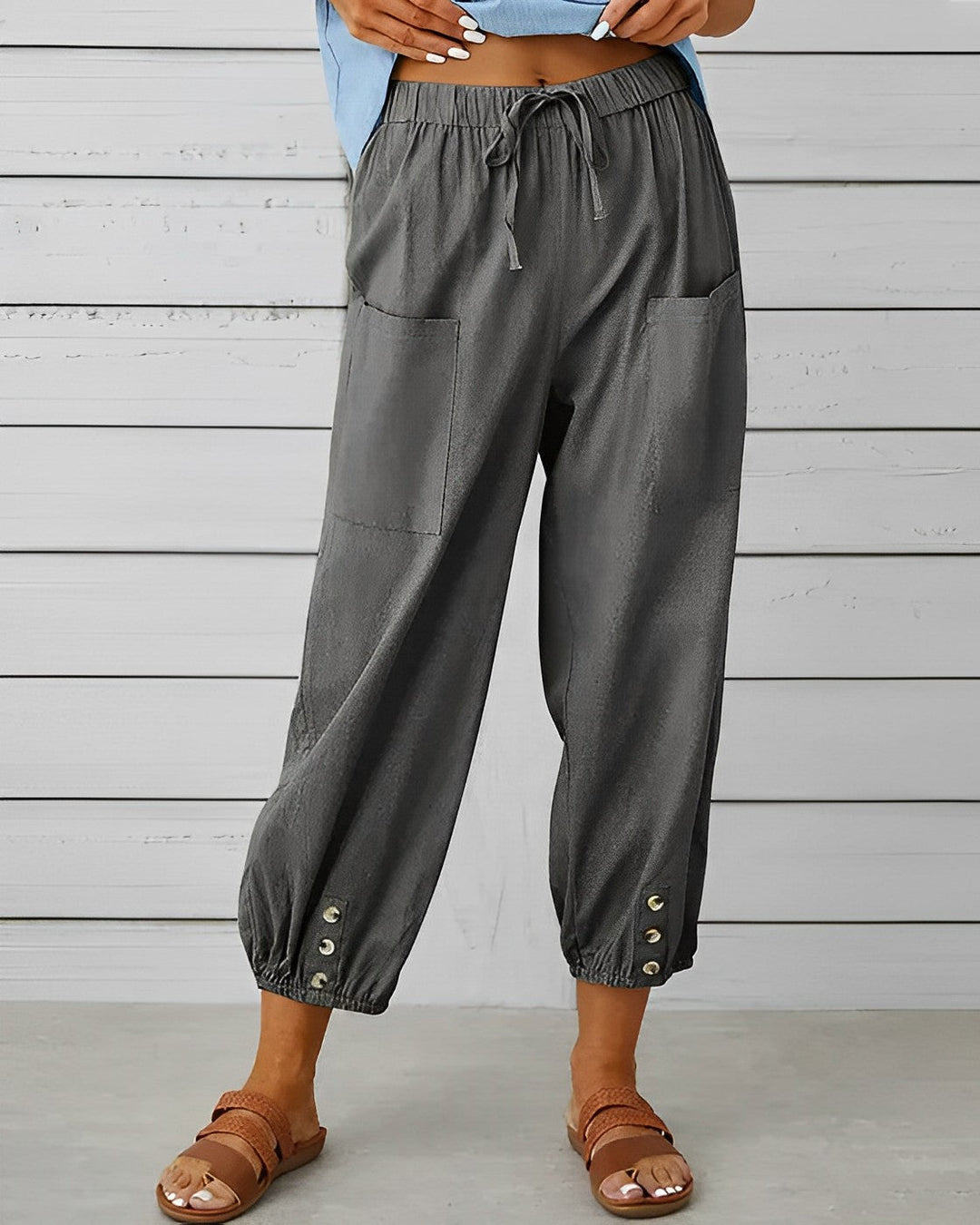 Judith | Women's High Waisted Linen Harem Pants with Ankle Buttons