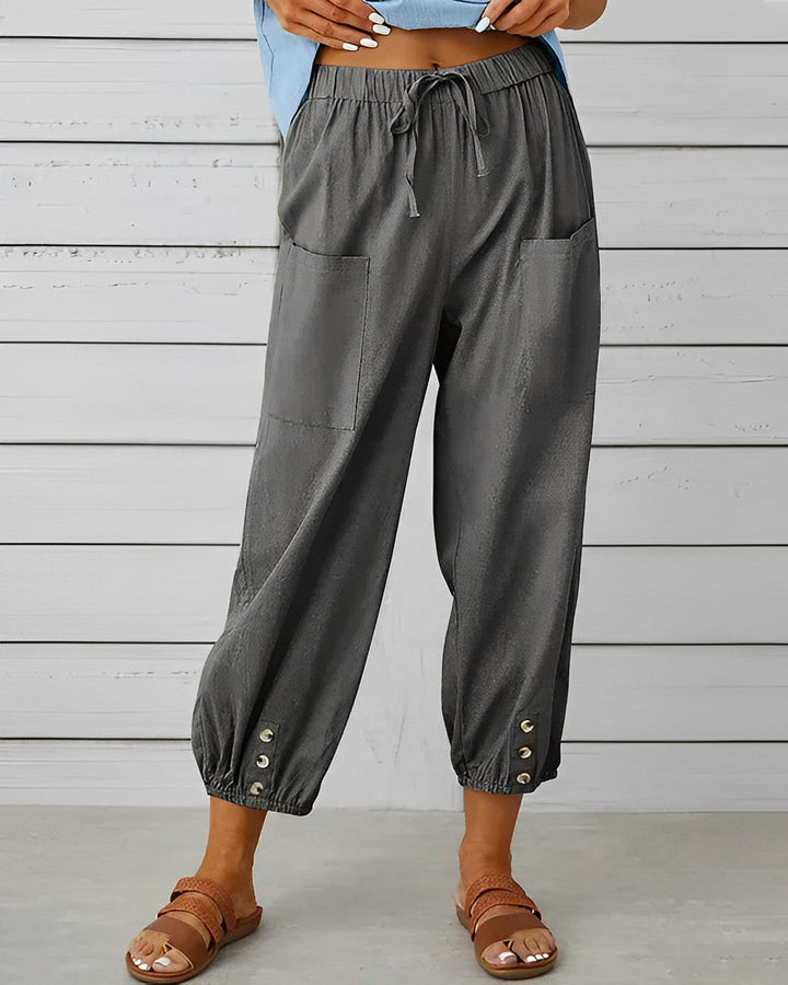 Judith | Women's High Waisted Linen Harem Pants with Ankle Buttons