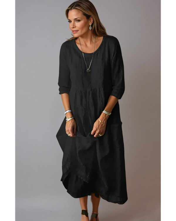 Noelle | Women's Linen 3/4 Sleeve Midi Dress with Round Neck