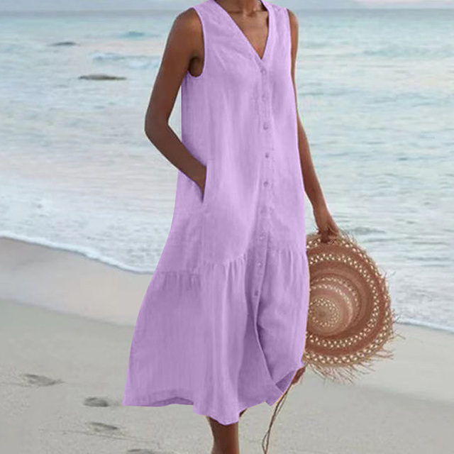 Kristin | Women's Linen V-neck Summer Dress with Buttons