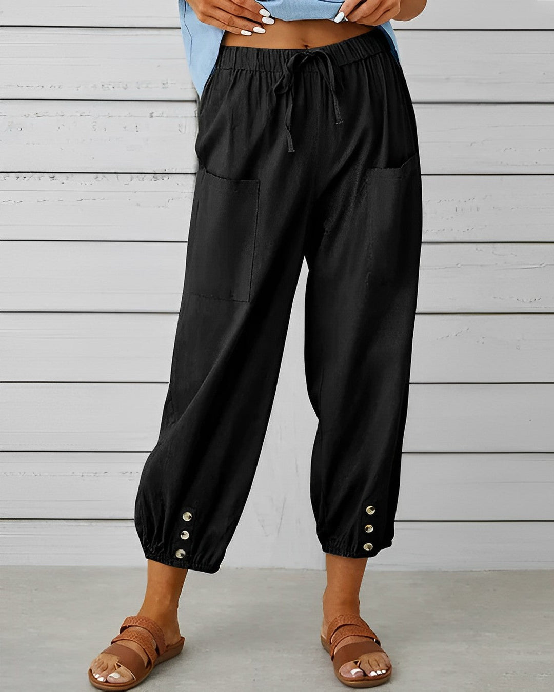 Judith | Women's High Waisted Linen Harem Pants with Ankle Buttons