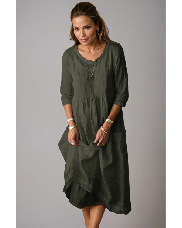 Noelle | Women's Linen 3/4 Sleeve Midi Dress with Round Neck