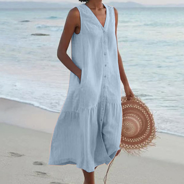 Kristin | Women's Linen V-neck Summer Dress with Buttons