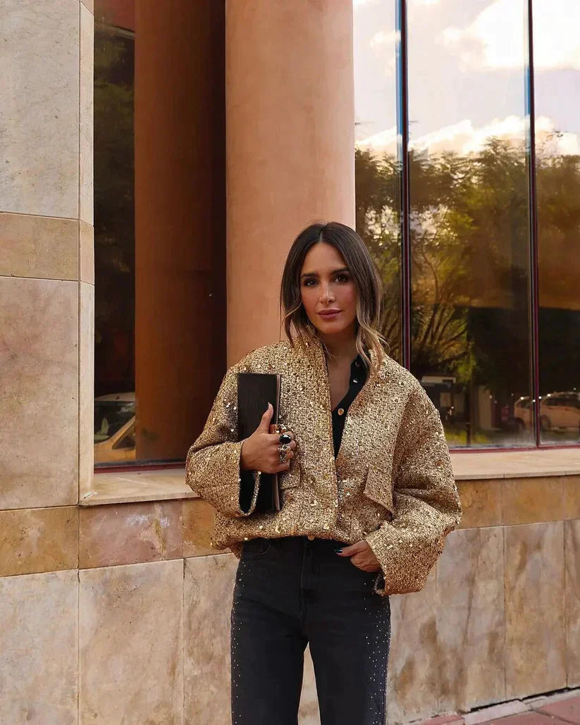 Queenie | Women's Gold Sequin Bomber Jacket with Snap Buttons