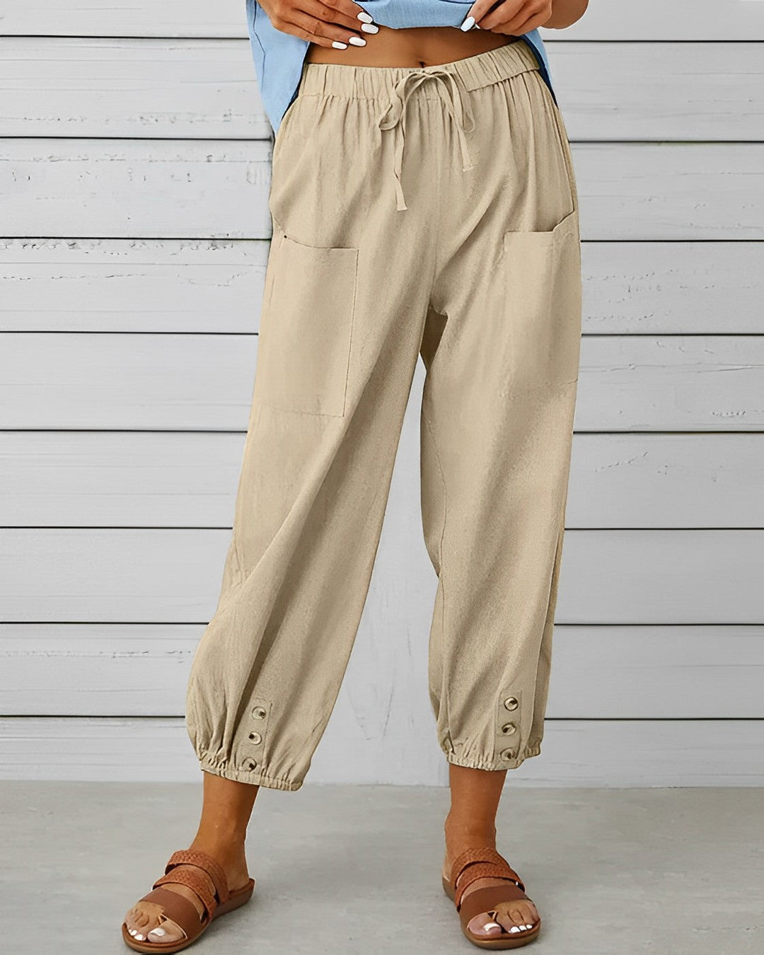 Judith | Women's High Waisted Linen Harem Pants with Ankle Buttons