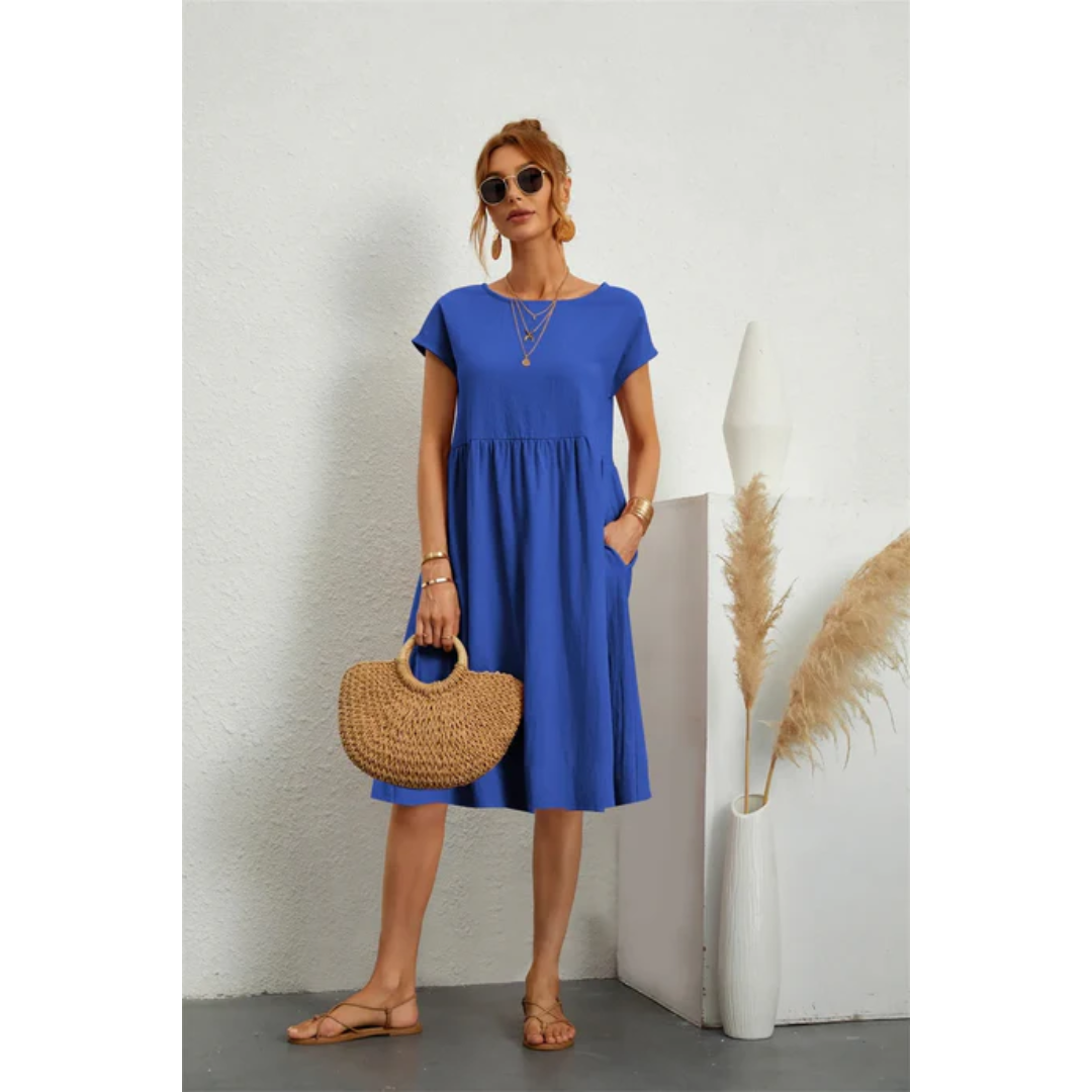 Quinn | Women's Short Sleeve Summer Midi Dress with Pockets