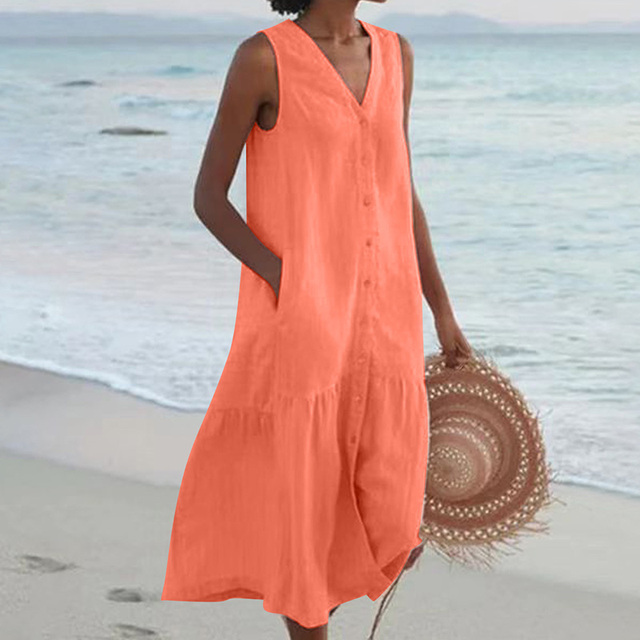 Kristin | Women's Linen V-neck Summer Dress with Buttons