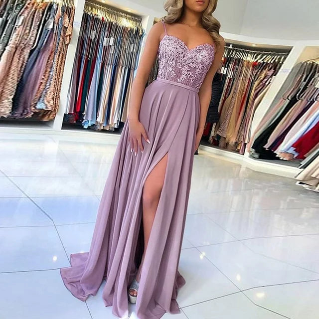 Isabella | Women's Sweetheart Neckline Lace Applique Maxi Dress with Slit