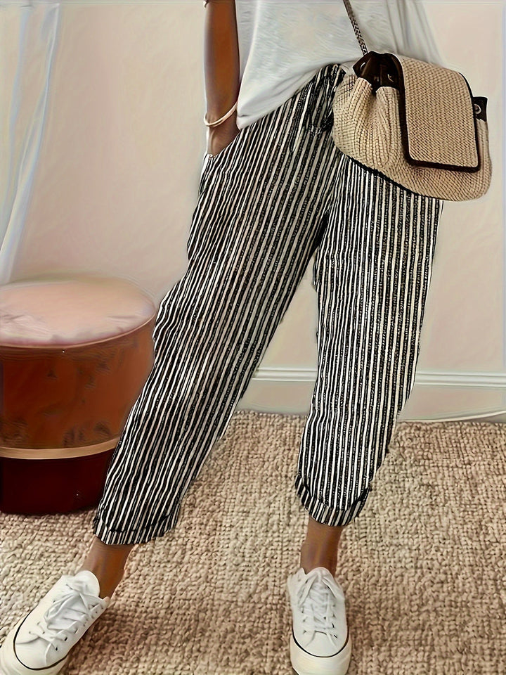 Jordana | Women's Striped Loose Fit Pants with Folded Hem