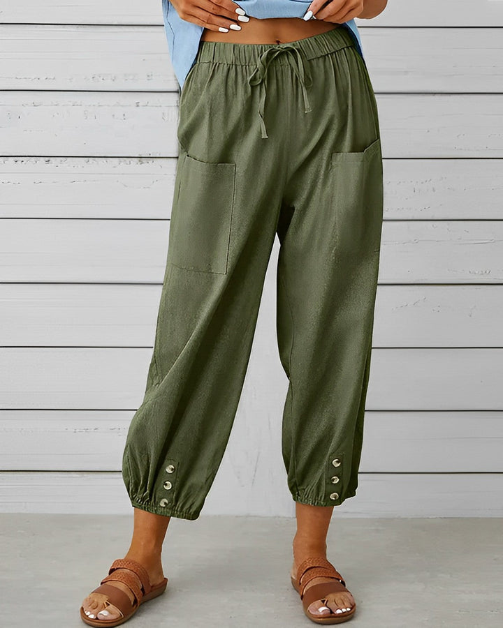 Judith | Women's High Waisted Linen Harem Pants with Ankle Buttons