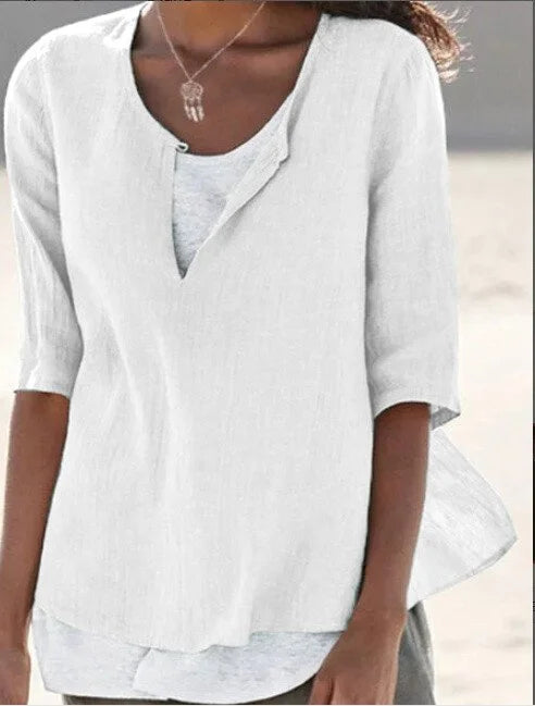 Amalia | Women's Layered Linen Top with Half Sleeves and Split Neck