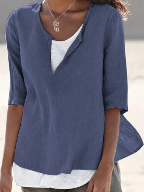 Amalia | Women's Layered Linen Top with Half Sleeves and Split Neck