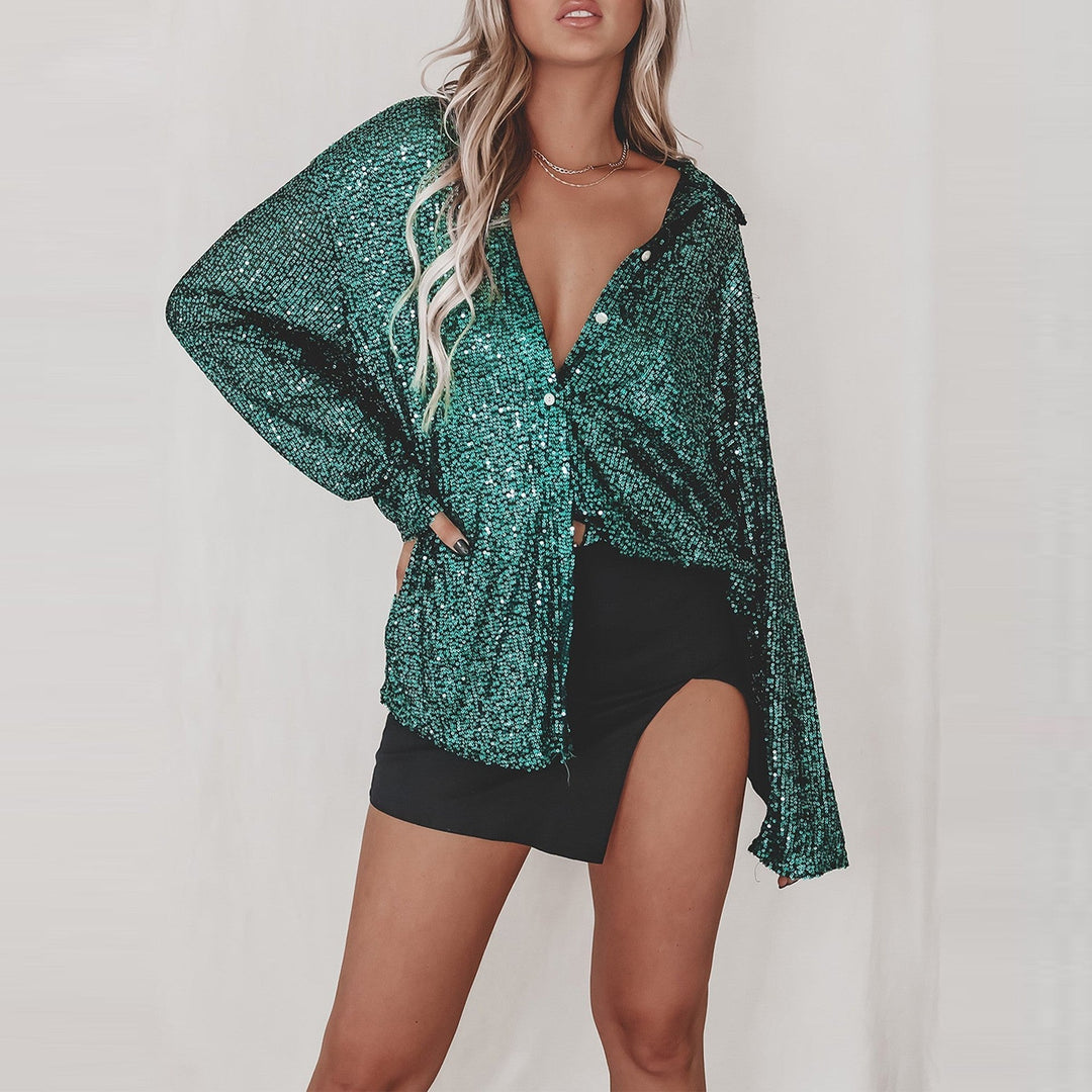 Dianne | Women's Sequin Long Sleeve Blouse with Buttons