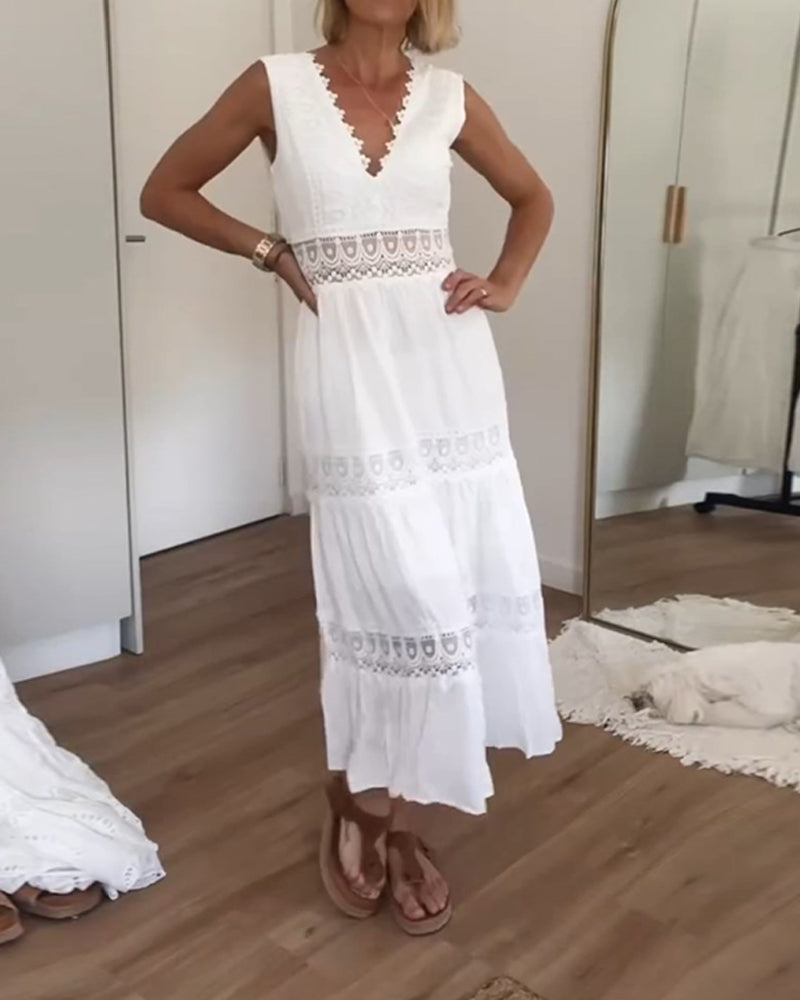 Fern | Women's Sleeveless Lace Trim V-Neck A-Line Boho Dress