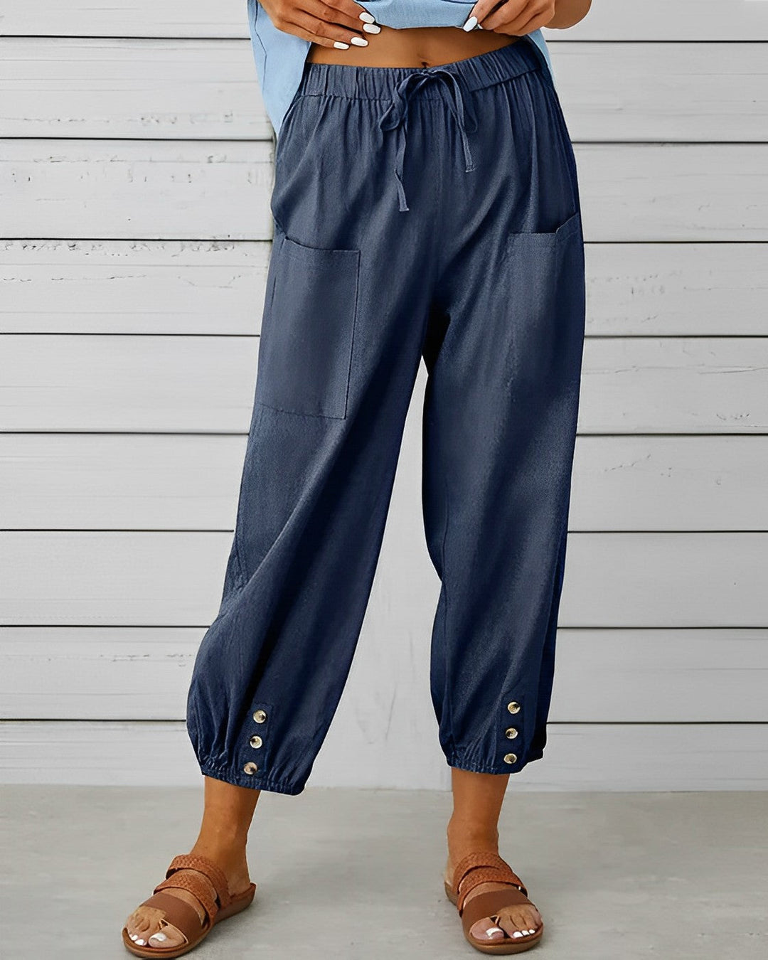 Judith | Women's High Waisted Linen Harem Pants with Ankle Buttons