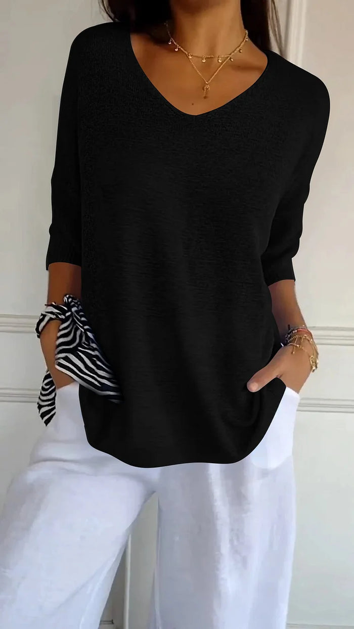Kimberly | Women's Loose Fit 3/4 Sleeves V Neck Knit Top