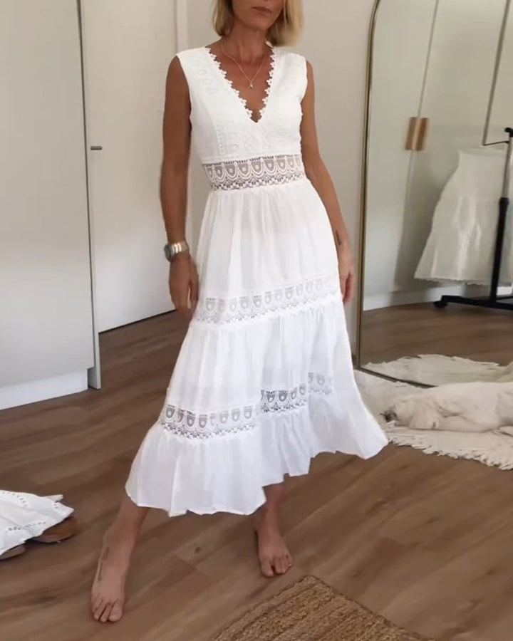 Fern | Women's Sleeveless Lace Trim V-Neck A-Line Boho Dress