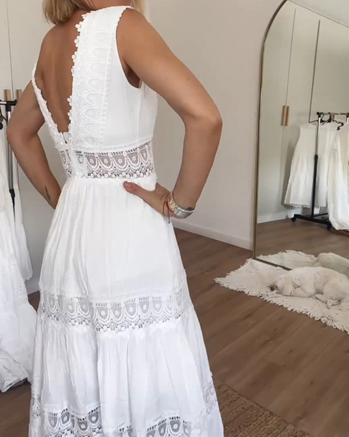 Fern | Women's Sleeveless Lace Trim V-Neck A-Line Boho Dress