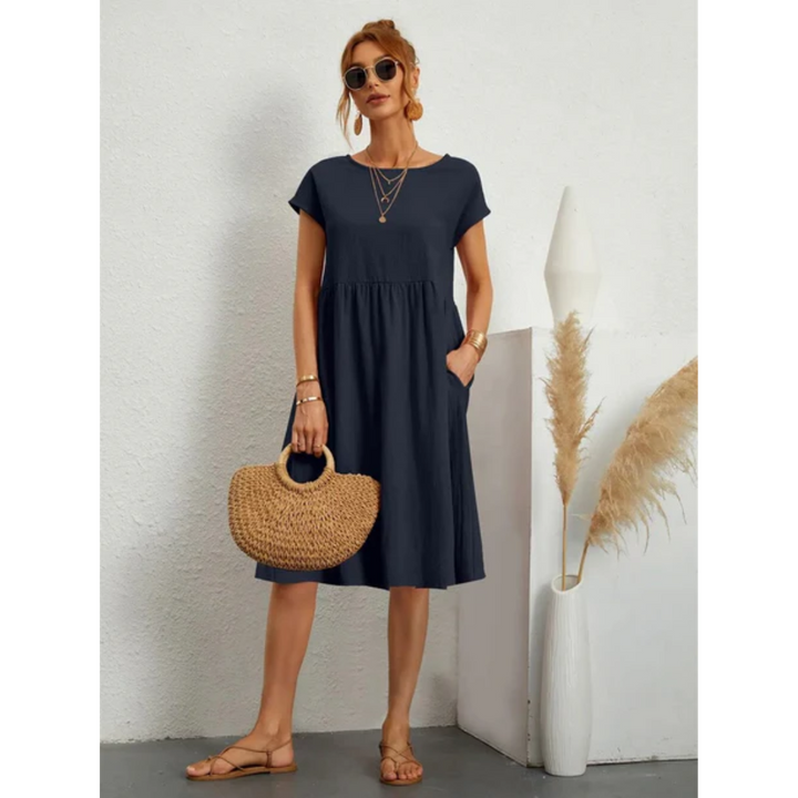 Quinn | Women's Short Sleeve Summer Midi Dress with Pockets