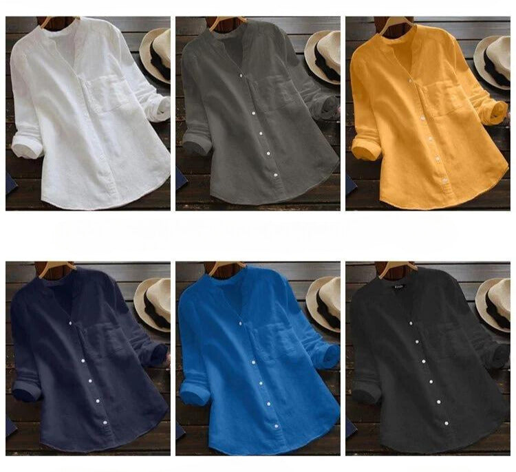 Flynn | Women's Long Sleeve Linen Shirt with V-neck and Buttons