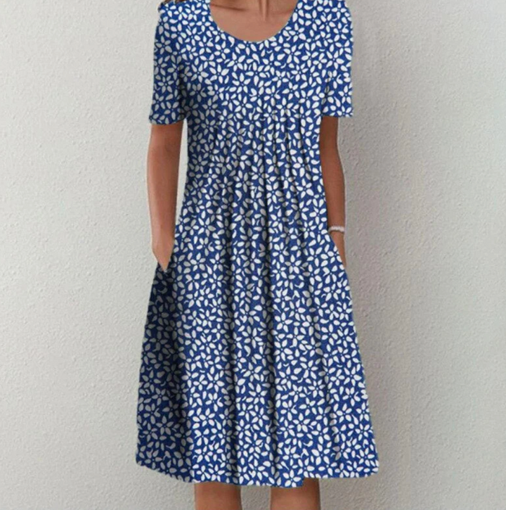 Sheena | Women's Printed Summer Midi Dress with Short Sleeve and Pleats