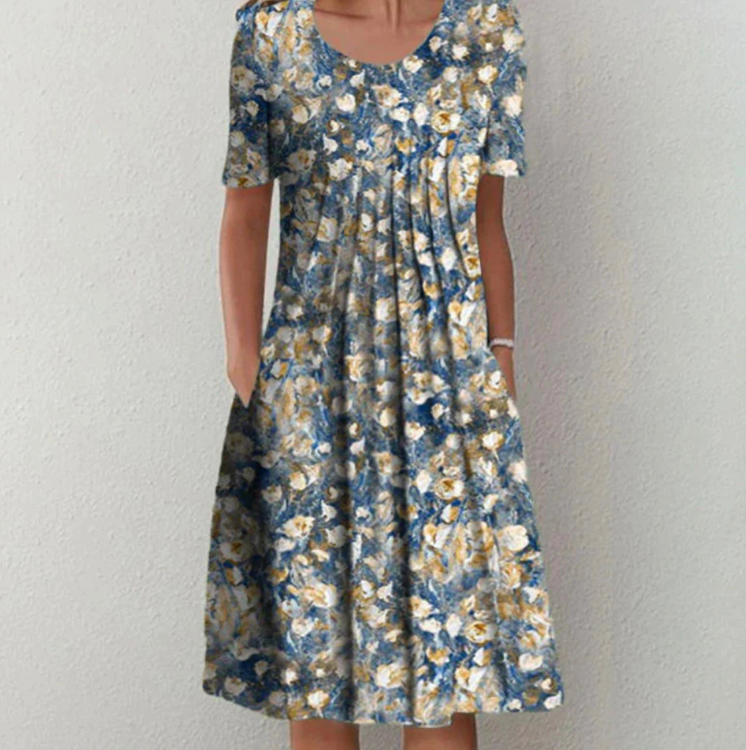 Sheena | Women's Printed Summer Midi Dress with Short Sleeve and Pleats