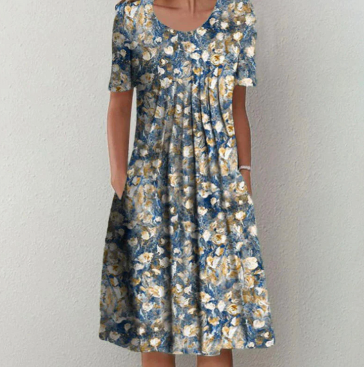 Sheena | Women's Printed Summer Midi Dress with Short Sleeve and Pleats