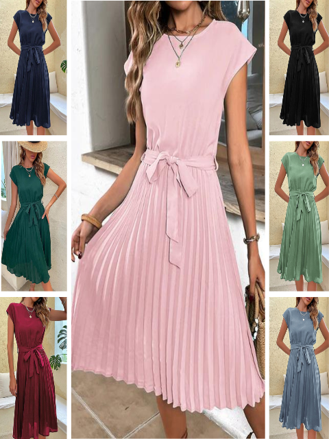 Marley | Women's Belted Short Sleeve Midi Dress with Pleated Skirt