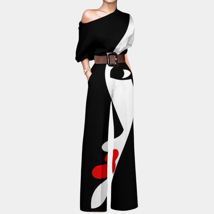 Azure | Women's Elegant Printed Wide Leg Jumpsuit with Belt