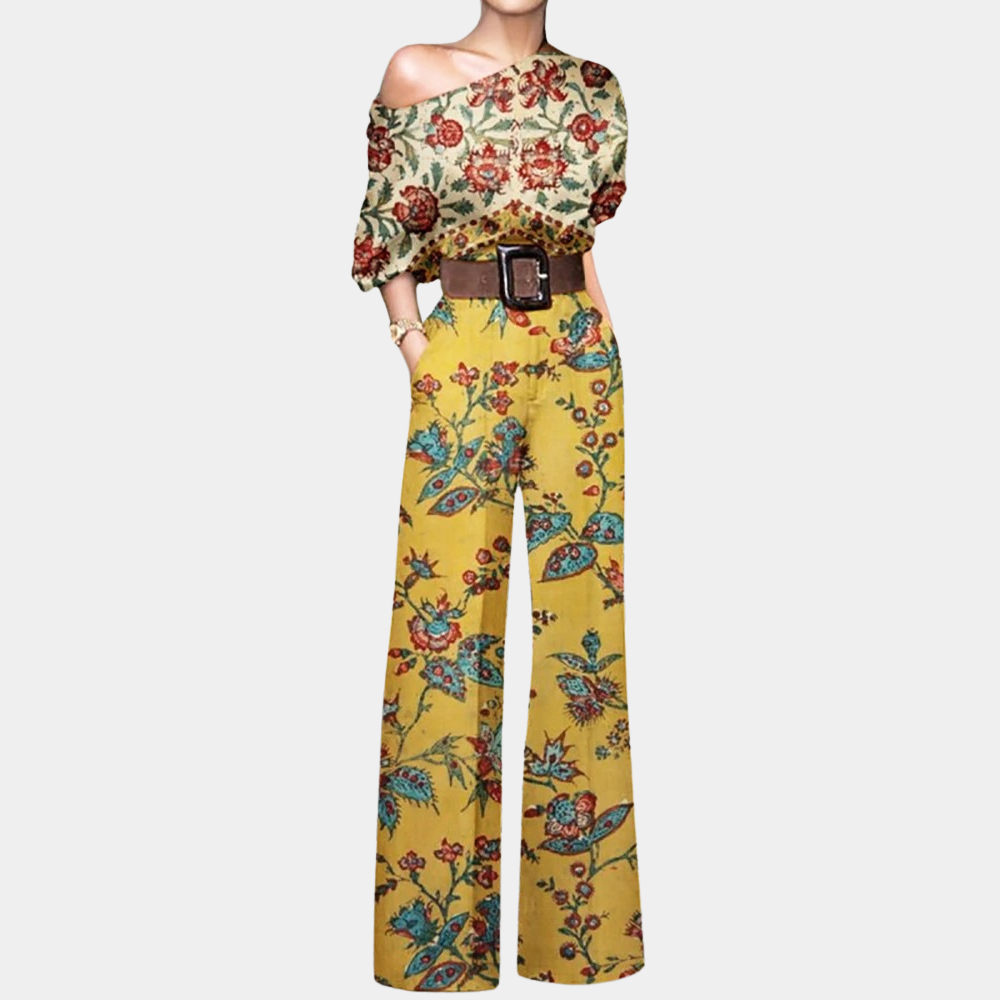 Azure | Women's Elegant Printed Wide Leg Jumpsuit with Belt