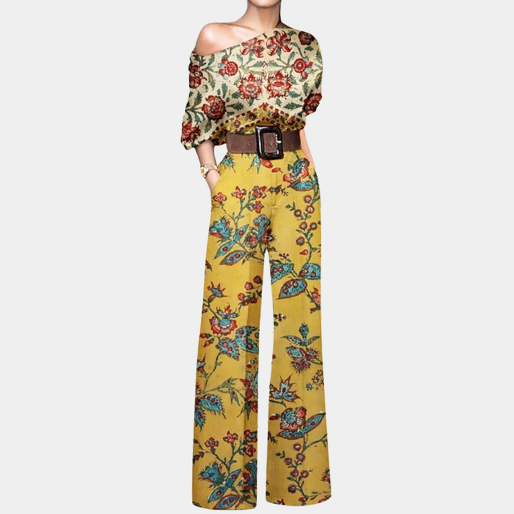 Azure | Women's Elegant Printed Wide Leg Jumpsuit with Belt