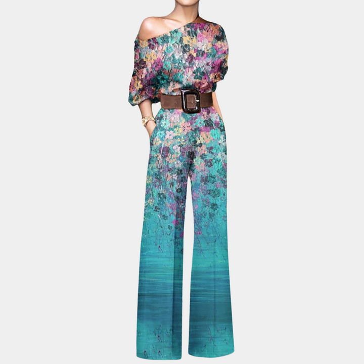 Azure | Women's Elegant Printed Wide Leg Jumpsuit with Belt