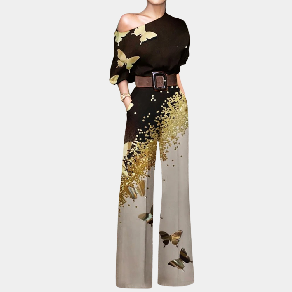 Azure | Women's Elegant Printed Wide Leg Jumpsuit with Belt