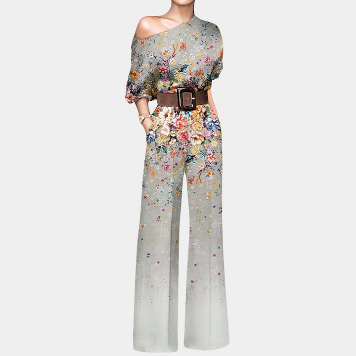 Azure | Women's Elegant Printed Wide Leg Jumpsuit with Belt