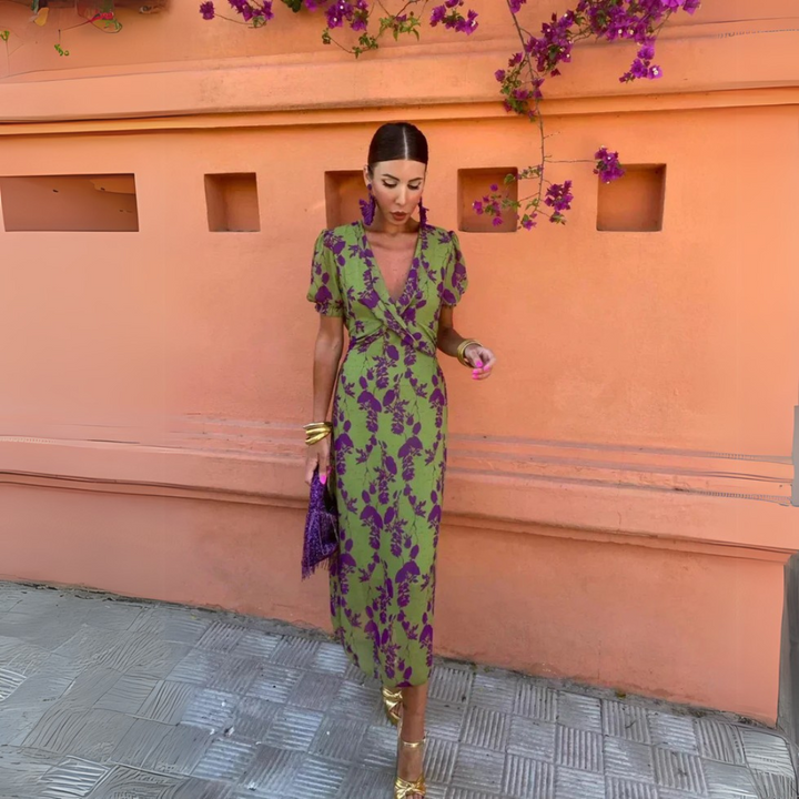 Lara | Women's Puff Sleeves Floral Print V Neck Midi Dress