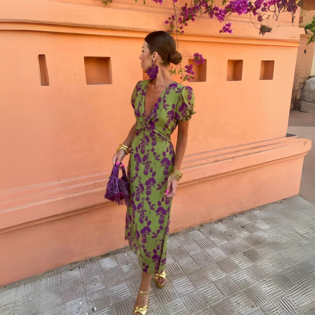 Lara | Women's Puff Sleeves Floral Print V Neck Midi Dress