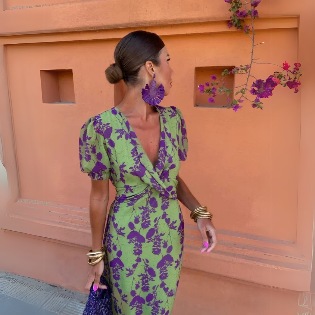 Lara | Women's Puff Sleeves Floral Print V Neck Midi Dress