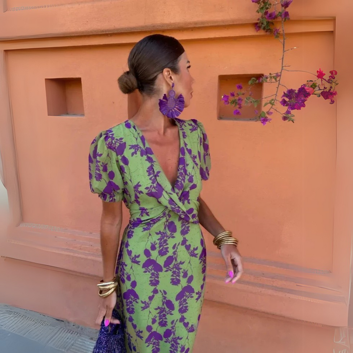Lara | Women's Puff Sleeves Floral Print V Neck Midi Dress