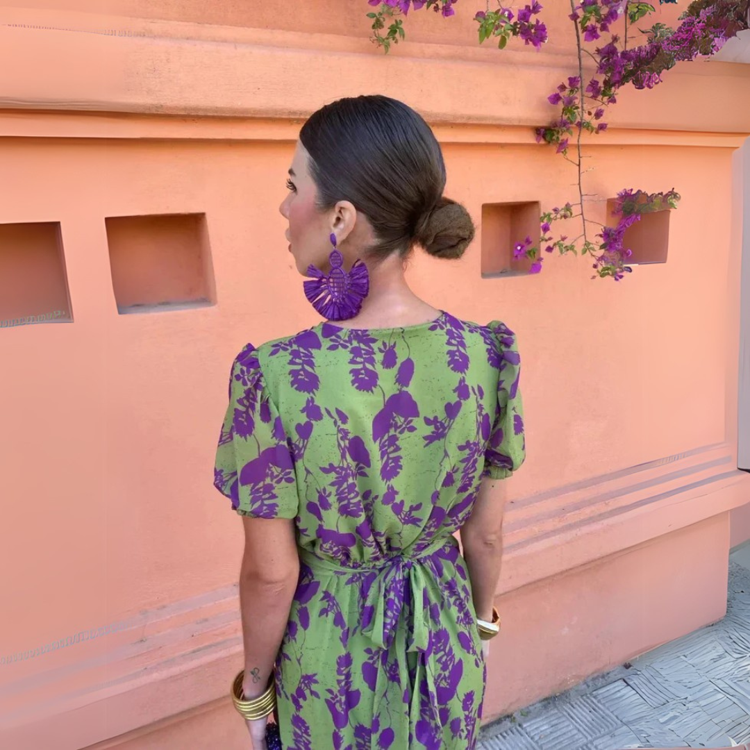 Lara | Women's Puff Sleeves Floral Print V Neck Midi Dress