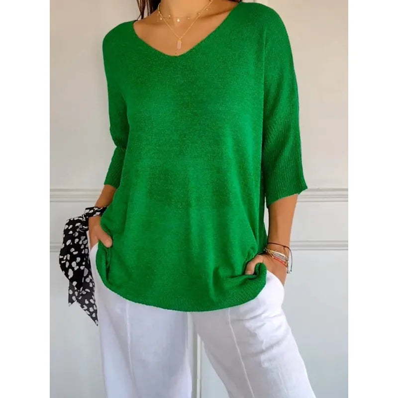 Kimberly | Women's Loose Fit 3/4 Sleeves V Neck Knit Top